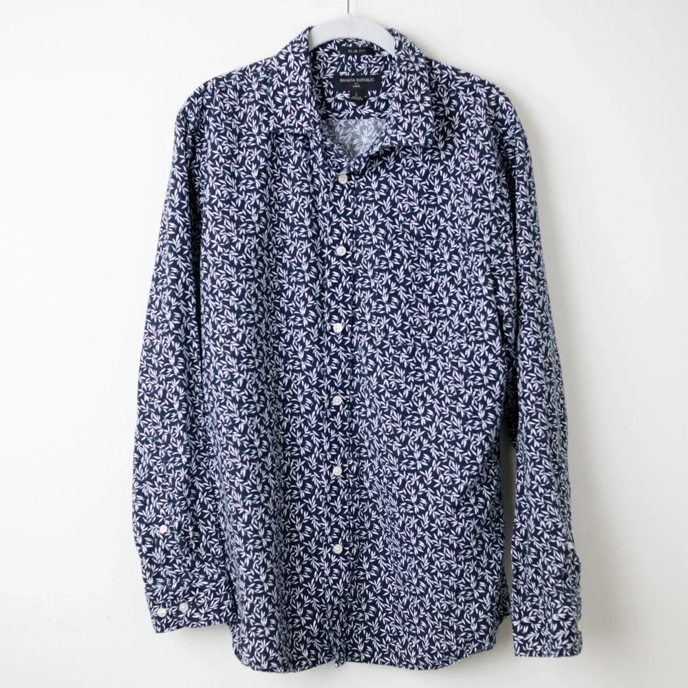 Banana Republic Linen Cotton Shirt Mens Large Blue Slim Fit Leaf Print Button Up